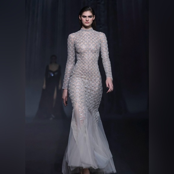 Georges Hobeika Beaded Tulle Shirt Flared Gown Maxi Dress - Picture 1 of 15